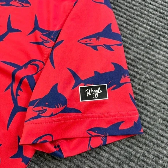 Waggle Golf Polo Shirt Mens Small Red Navy Blue Shark Print Performance Stretch - Picture 5 of 11